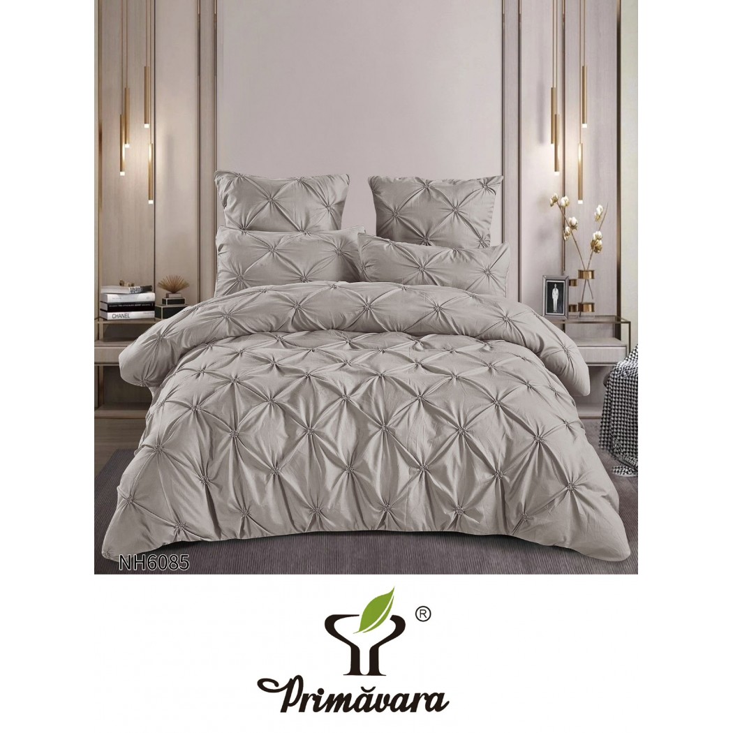 Lenjerie pentru pat dublu din bumbac finetat cu pliuri brodate,  6 piese , cearceaf cu elastic cod NH6085