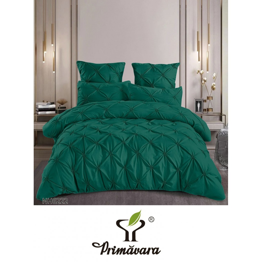 Lenjerie pentru pat dublu din bumbac finetat cu pliuri brodate,  6 piese , cearceaf cu elastic cod NH6222