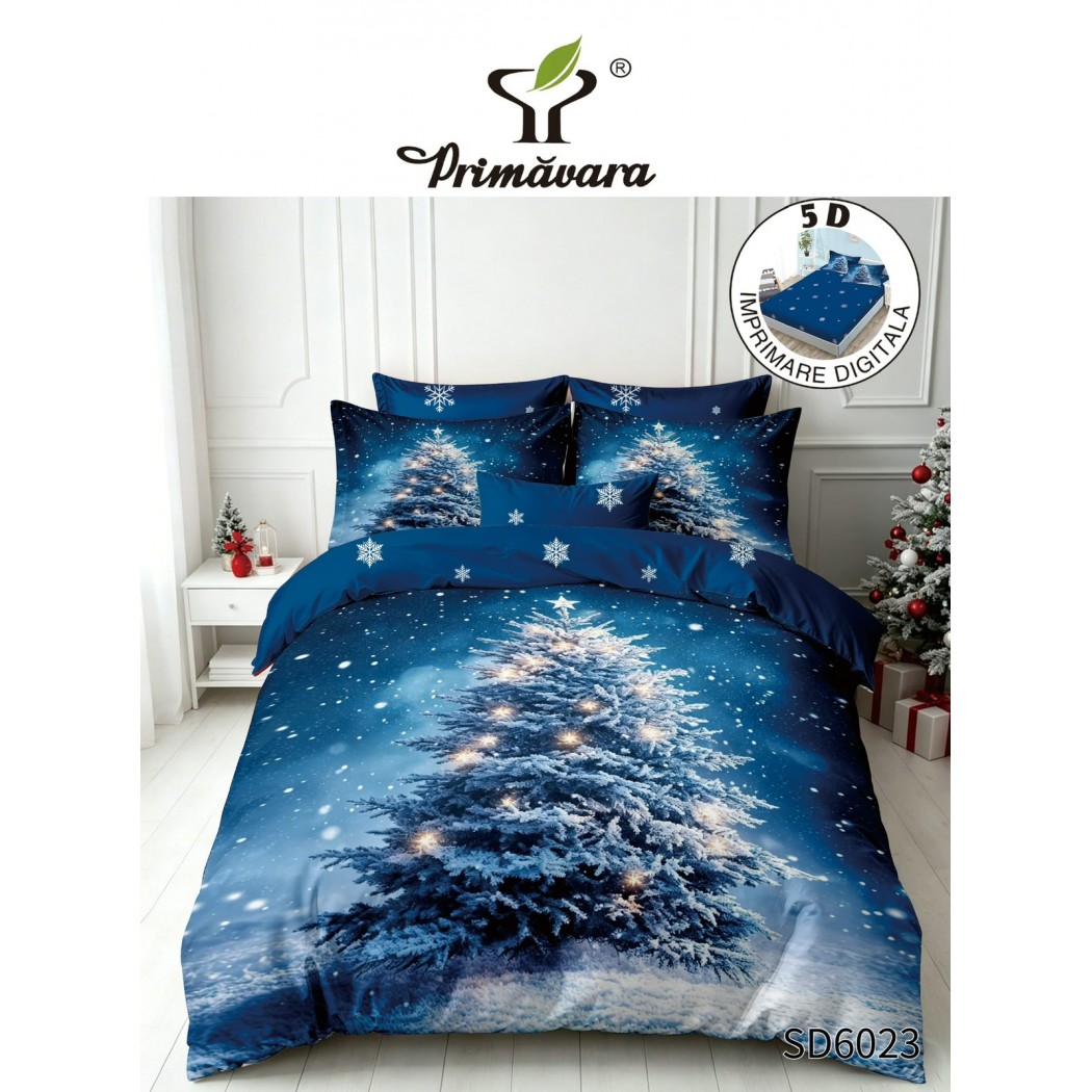 Lenjerie pentru pat dublu din finet cu 6 piese , cearceaf cu elastic, Imprimeu digital 5D, culori intense si un design magic de Sarbatori SD6023