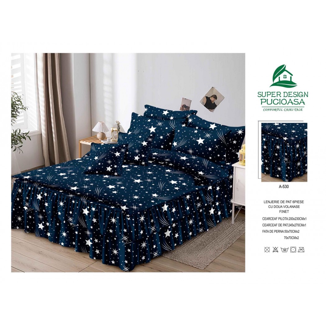 Lenjerie pentru pat dublu din finet, 6 piese cu volanase cod A530