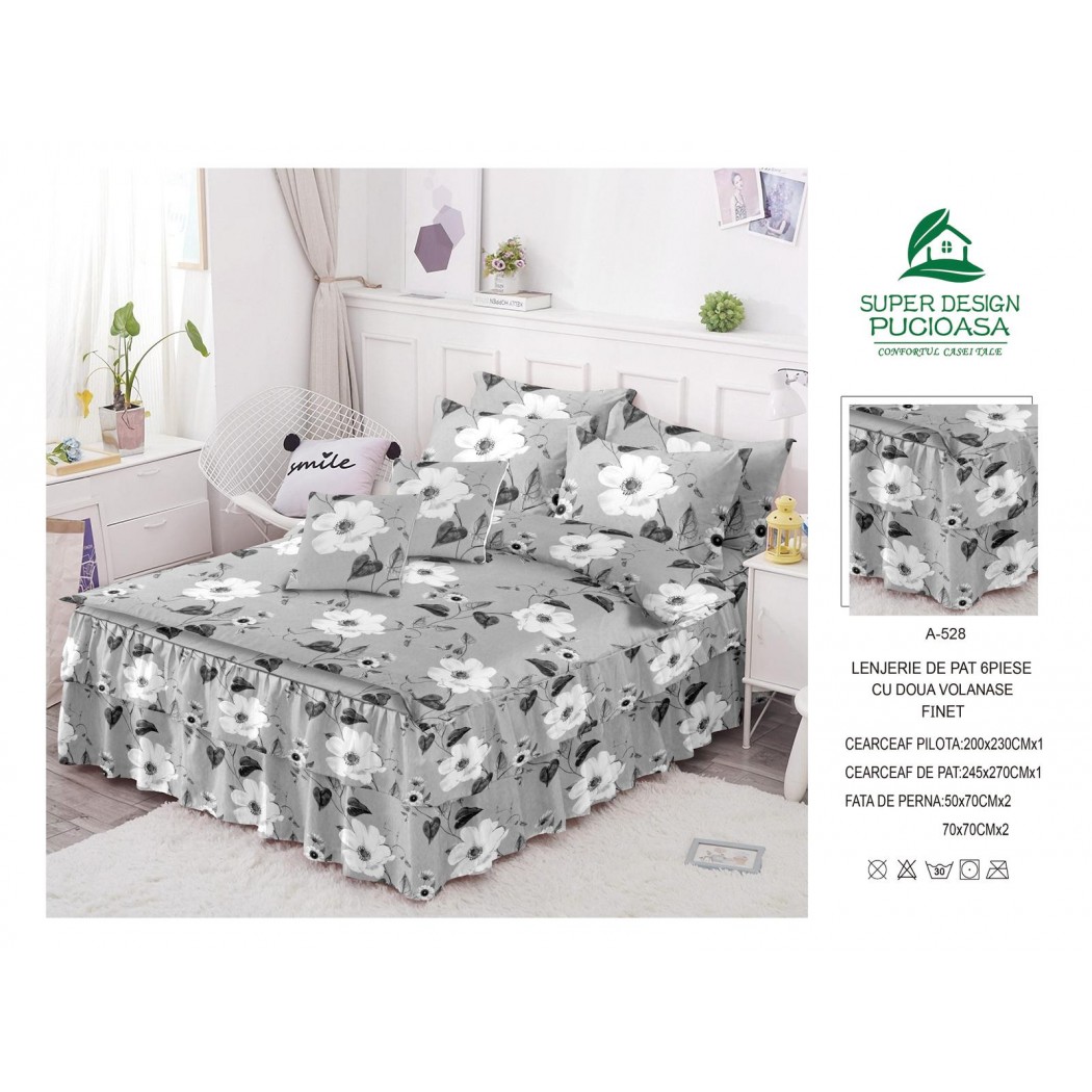 Lenjerie pentru pat dublu din finet, 6 piese cu volanase cod A528