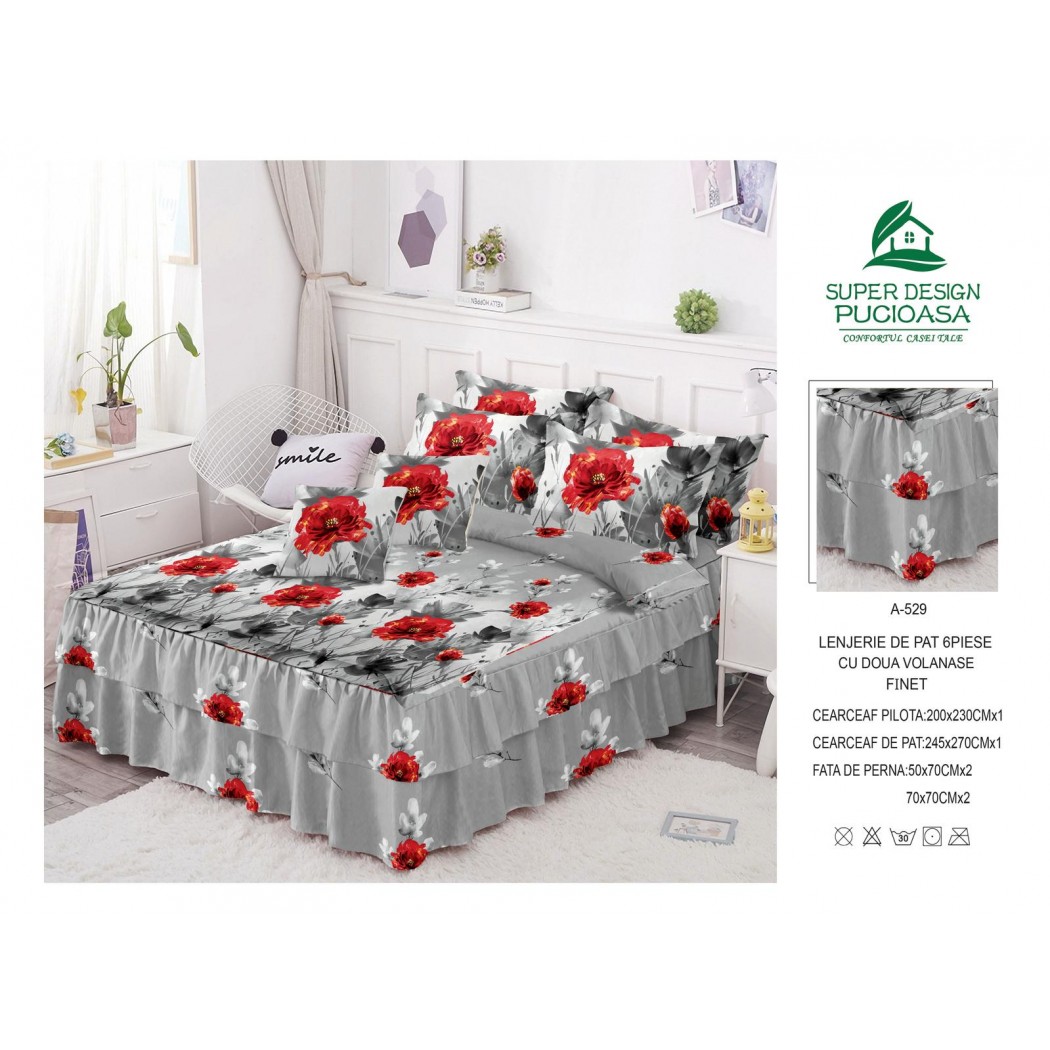 Lenjerie pentru pat dublu din finet, 6 piese cu volanase cod A529