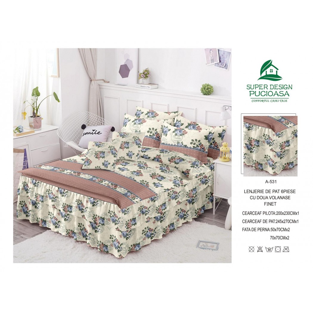 Lenjerie pentru pat dublu din finet, 6 piese cu volanase cod A531