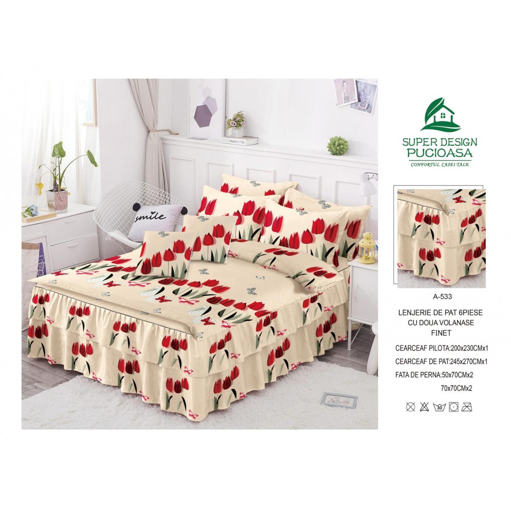 Lenjerie pentru pat dublu din finet, 6 piese cu volanase cod A533