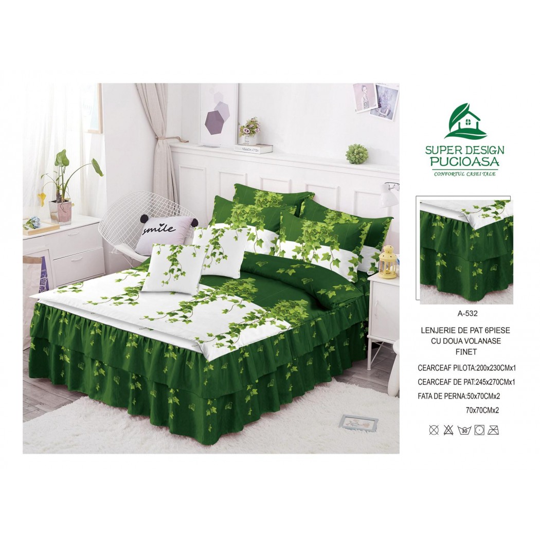 Lenjerie pentru pat dublu din finet, 6 piese cu volanase cod A532