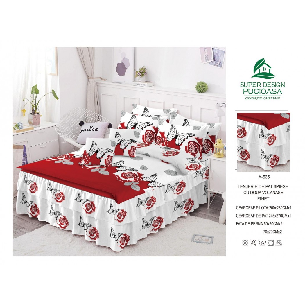 Lenjerie pentru pat dublu din finet, 6 piese cu volanase cod A535