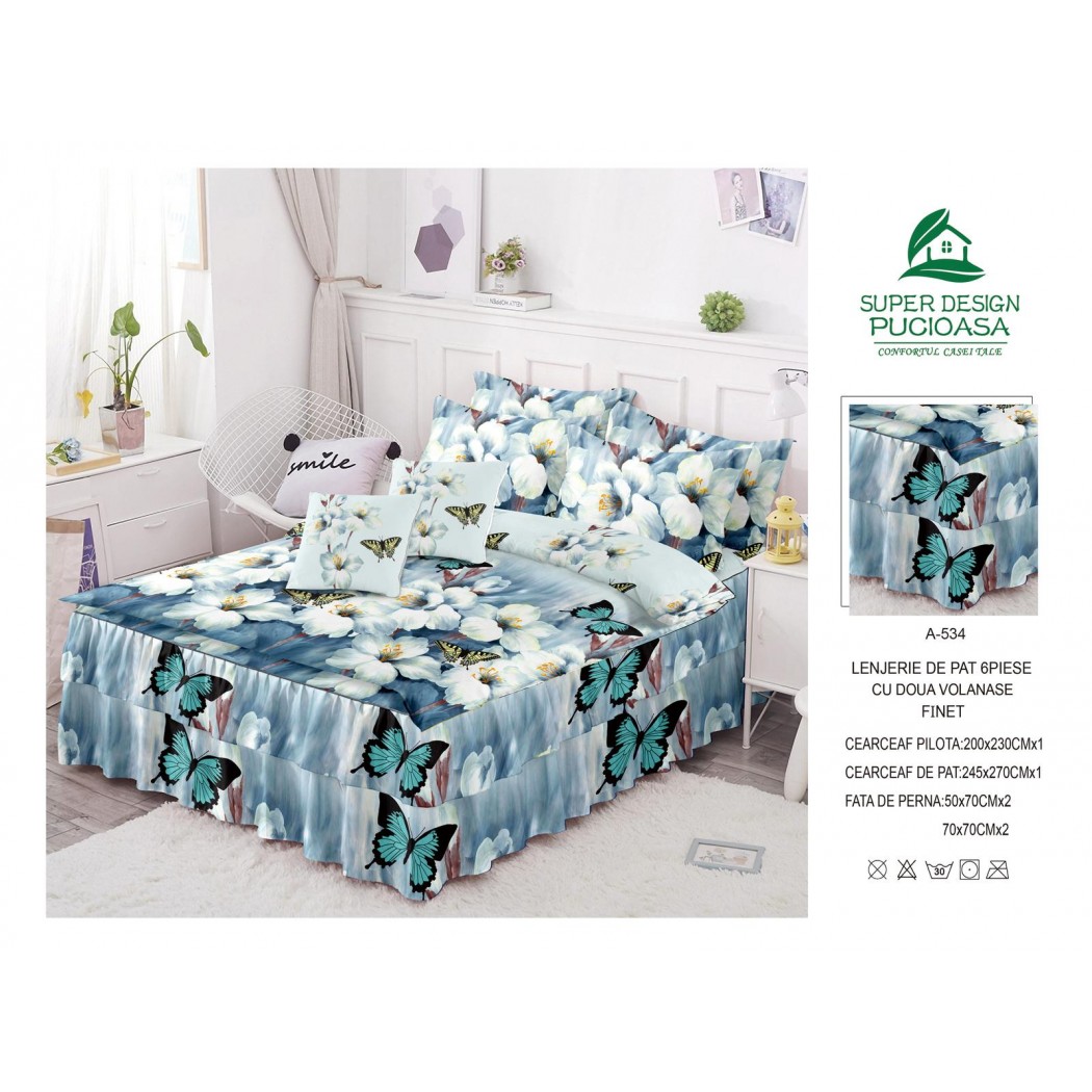 Lenjerie pentru pat dublu din finet, 6 piese cu volanase cod A534