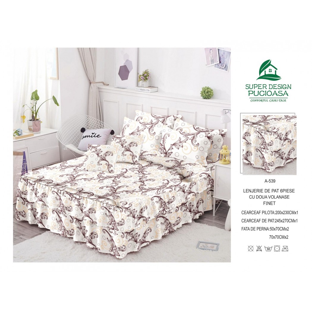 Lenjerie pentru pat dublu din finet, 6 piese cu volanase cod A539