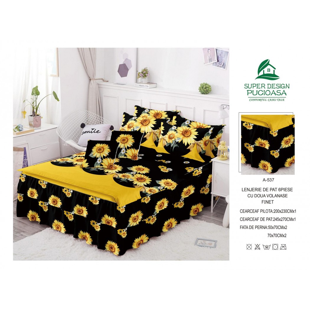 Lenjerie pentru pat dublu din finet, 6 piese cu volanase cod A537