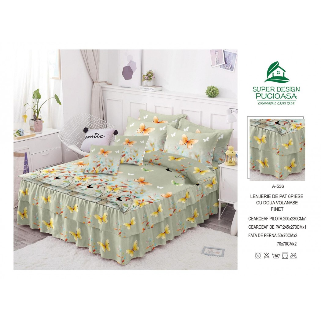 Lenjerie pentru pat dublu din finet, 6 piese cu volanase cod A536