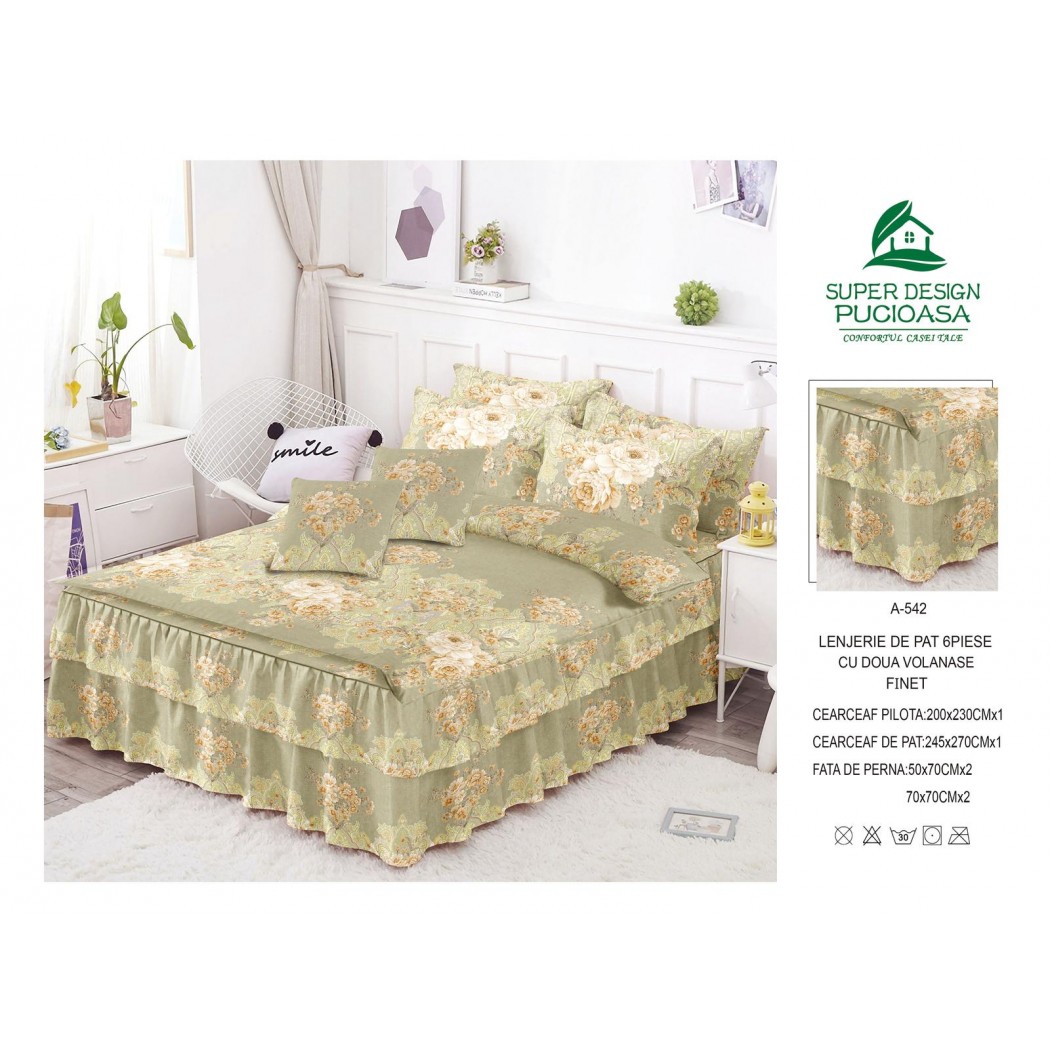 Lenjerie pentru pat dublu din finet, 6 piese cu volanase cod A542