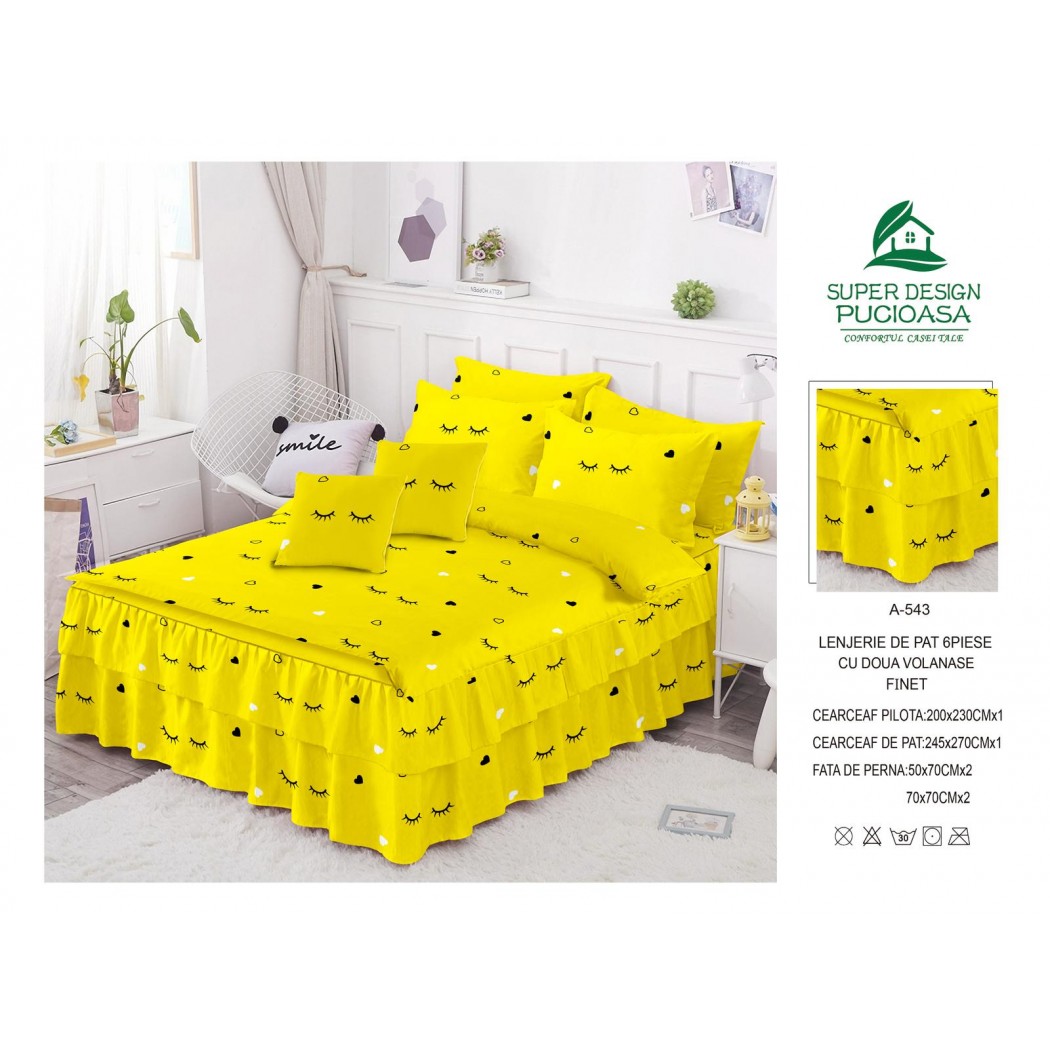 Lenjerie pentru pat dublu din finet, 6 piese cu volanase cod A543