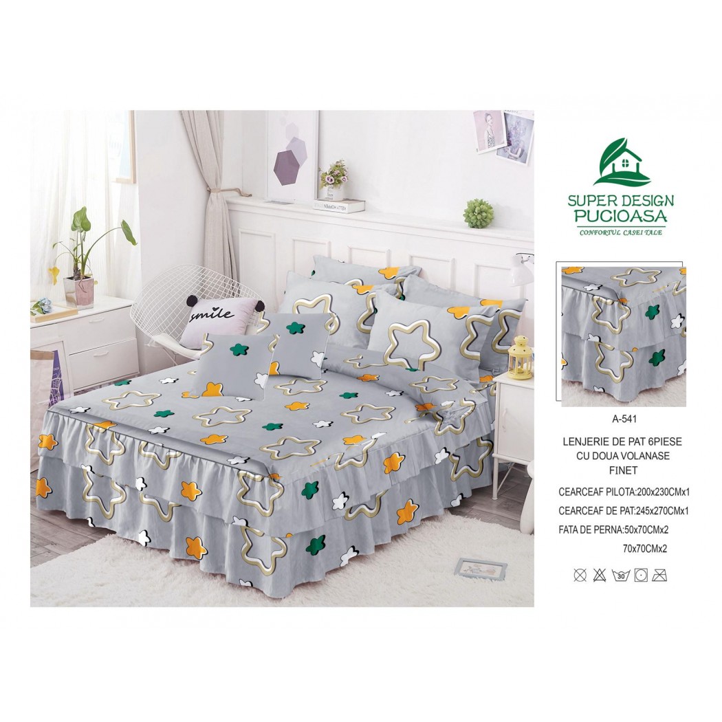 Lenjerie pentru pat dublu din finet, 6 piese cu volanase cod A541