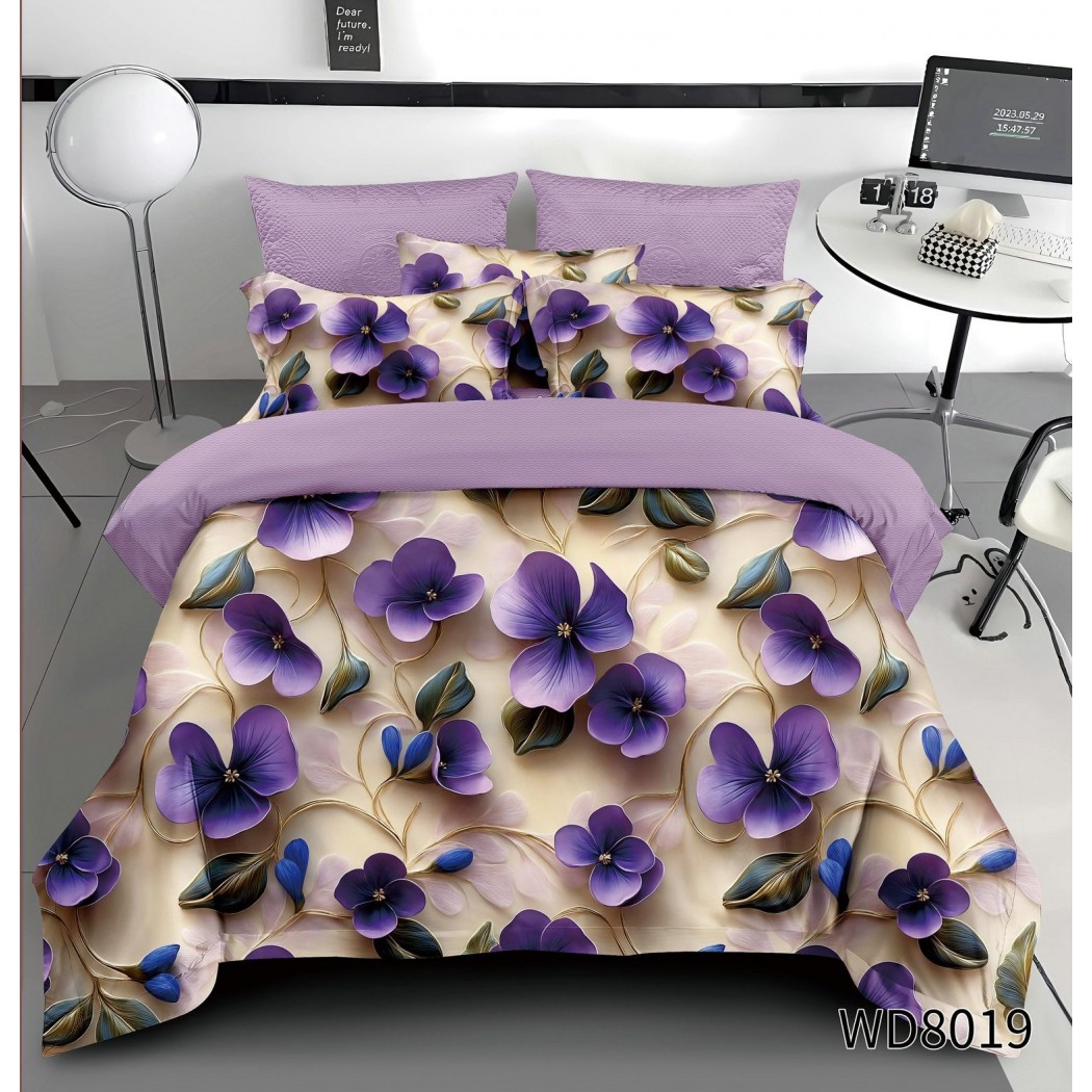 Lenjerie pentru pat dublu din finet cu 4 piese cu elastic model 5D cod WD8019